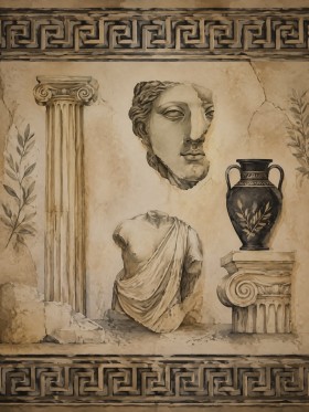 Antikes Wandbild mit Büste, Säule und Vase, Poster oder Leinwand