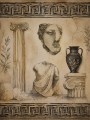 Antikes Wandbild mit Büste, Säule und Vase, Poster oder Leinwand