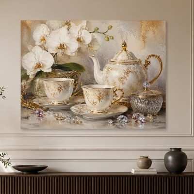 Elegantes Wandbild oder Kunstdruck mit Porzellan, Orchideen und Goldakzenten