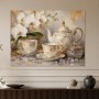 Elegantes Wandbild oder Kunstdruck mit Porzellan, Orchideen und Goldakzenten