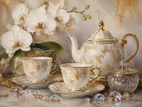 Elegantes Wandbild oder Kunstdruck mit Porzellan, Orchideen und Goldakzenten