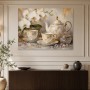 Elegantes Wandbild oder Kunstdruck mit Porzellan, Orchideen und Goldakzenten