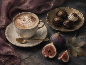 Stillleben mit Feigen und Cappuccino als Kunstwerk oder Fine Art Print