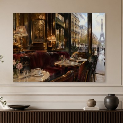 Paris Café mit Eiffelturm als Leinwand oder Poster