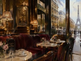 Paris Café mit Eiffelturm als Leinwand oder Poster