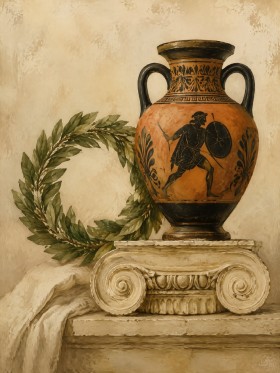Antike Vase und Lorbeerkranz als Kunstwerk oder Kunstdruck