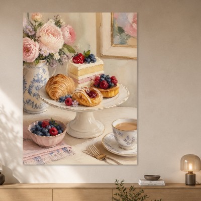 Stillleben mit Blumen, Gebäck und Tee als Kunstdruck oder Leinwandbild