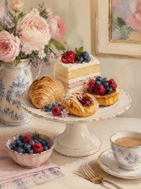 Stillleben mit Blumen, Gebäck und Tee als Kunstdruck oder Leinwandbild