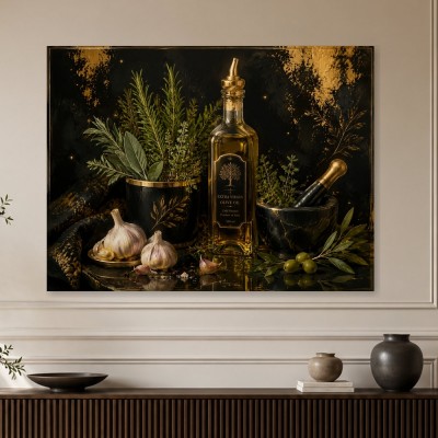 Goldene Olivenöl Stillleben Leinwand oder Poster