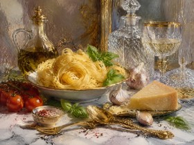 Stillleben mit Pasta, Wein und Käse als Kunstdruck oder Leinwand