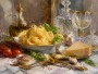 Stillleben mit Pasta, Wein und Käse als Kunstdruck oder Leinwand