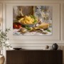 Stillleben mit Pasta, Wein und Käse als Kunstdruck oder Leinwand