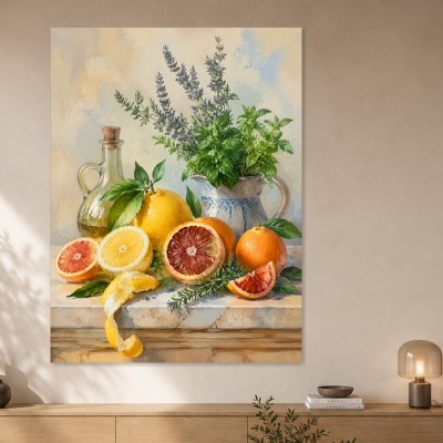Fruchtstillleben mit Zitrus und Kräutern, Kunstdruck oder Leinwandbild