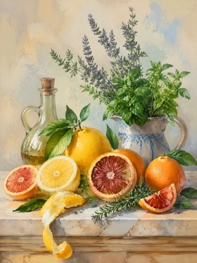 Fruchtstillleben mit Zitrus und Kräutern, Kunstdruck oder Leinwandbild