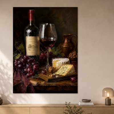 Stillleben mit Rotwein und Käse, Kunstdruck oder Gallery Print
