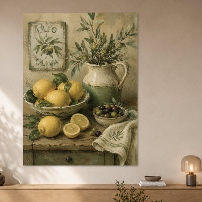 Stillleben mit Zitronen, Oliven und Leinwandbild oder Kunstdruck