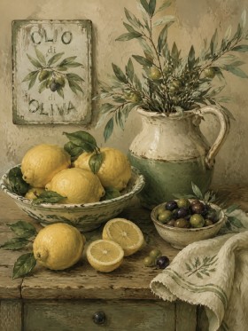 Stillleben mit Zitronen, Oliven und Leinwandbild oder Kunstdruck