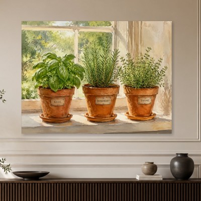 Kräutertöpfe am Fenster als Leinwand oder Poster