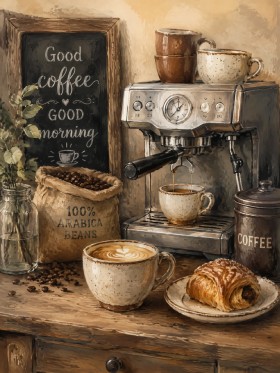 Kaffeemoment mit Espresso, Wandbild und Kunstdruck für die Küche