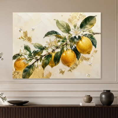 Zitronenblütenzweig als Leinwandbild oder Kunstdruck mit Goldakzenten