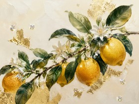 Zitronenblütenzweig als Leinwandbild oder Kunstdruck mit Goldakzenten