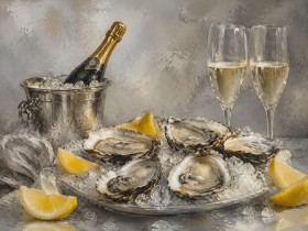 Champagner und Austern als Fine Art Print oder Leinwand