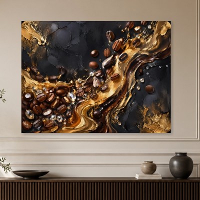 Goldene Kaffeebohnen auf Schwarz, Leinwand und Acrylbild