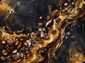 Goldene Kaffeebohnen auf Schwarz, Leinwand und Acrylbild