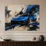 Blauer Sportwagen als Leinwandbild oder Acrylbild mit dynamischer Spritzoptik