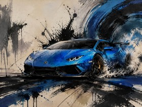 Blauer Sportwagen als Leinwandbild oder Acrylbild mit dynamischer Spritzoptik