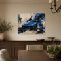 Blauer Sportwagen als Leinwandbild oder Acrylbild mit dynamischer Spritzoptik
