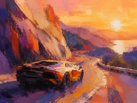 Sportwagen bei Sonnenuntergang, Kunstwerk oder Modernes Wandbild