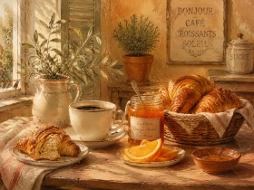 Französisches Frühstück mit Croissants, Leinwand oder Poster