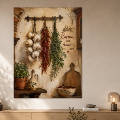 Rustikale Küchenwand mit Knoblauch und Kräutern, Poster oder Leinwand
