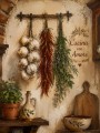 Rustikale Küchenwand mit Knoblauch und Kräutern, Poster oder Leinwand
