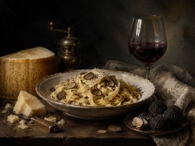 Trüffelpasta und Wein als Fine Art Print oder Wandbild