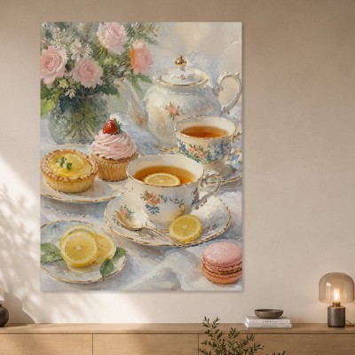 Vintage Teestunde mit Blumen, Leinwand oder Kunstdruck