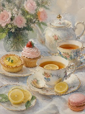 Vintage Teestunde mit Blumen, Leinwand oder Kunstdruck