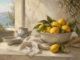 Mediterranes Stillleben mit Zitronen, Kunstdruck oder Leinwandbild