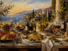 Mediterrane Tafel am Meer, Kunstwerk oder Kunstdruck