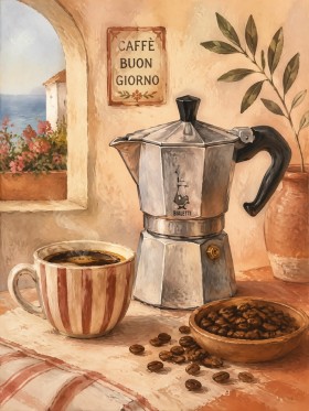 Italienisches Kaffeestillleben als Leinwand oder Poster