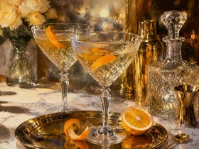 Goldene Cocktail-Stillleben als Kunstdruck oder Acrylbild