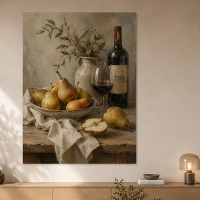 Stillleben mit Birnen, Wein und Ruhe als Kunstdruck oder Poster