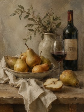 Stillleben mit Birnen, Wein und Ruhe als Kunstdruck oder Poster