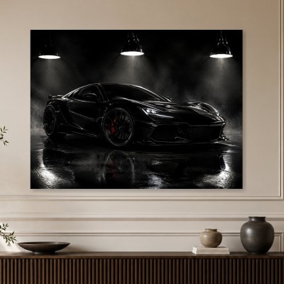 Schwarzer Sportwagen als Leinwand oder Poster im dramatischen Licht