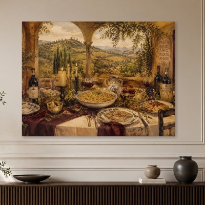 Italienische Tafel im Weinberg, Kunstwerk oder Wandbild für stilvolle Räume
