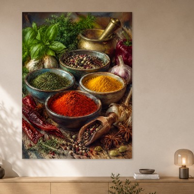 Gewürzkomposition auf Holz, Kunstwerk oder Fine Art Print