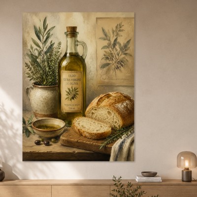 Mediterrane Stillleben Leinwand oder Poster mit Oliven und Brot