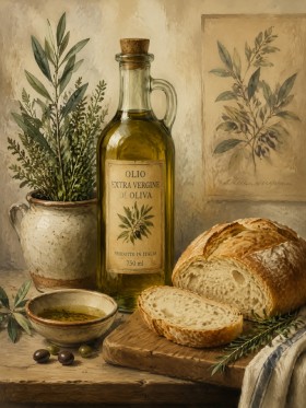 Mediterrane Stillleben Leinwand oder Poster mit Oliven und Brot
