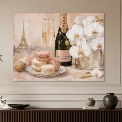 Parisian Eleganz mit Champagner, Blumen, Leinwand oder Poster
